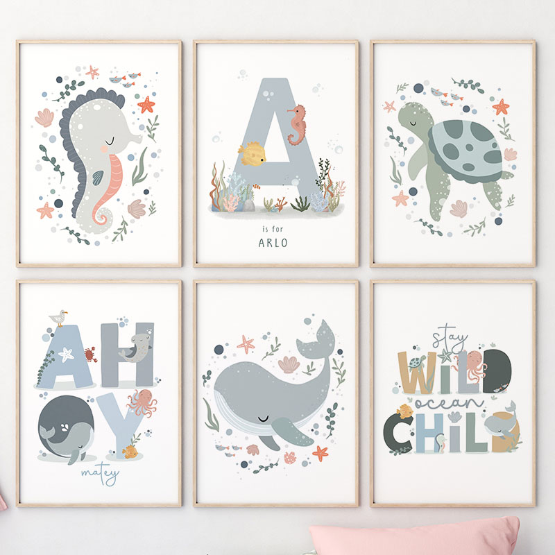 Baby Nursery Name Wall Art - 1pc frameless Marine Life Octopus Whale