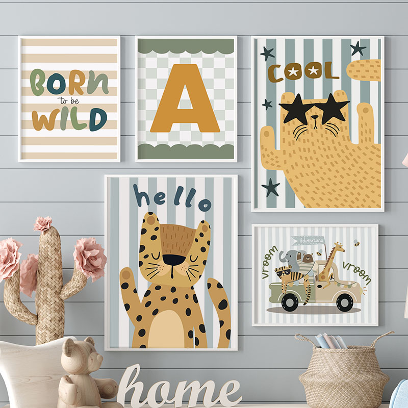 Baby Nursery Name Wall Art - Kawaii Tiger Lion Giraffe Car Custom