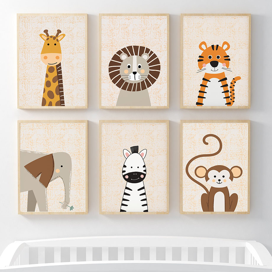 Baby Nursery Name Wall Art - Lion Giraffe Elephant Zebra Monkey Nursery