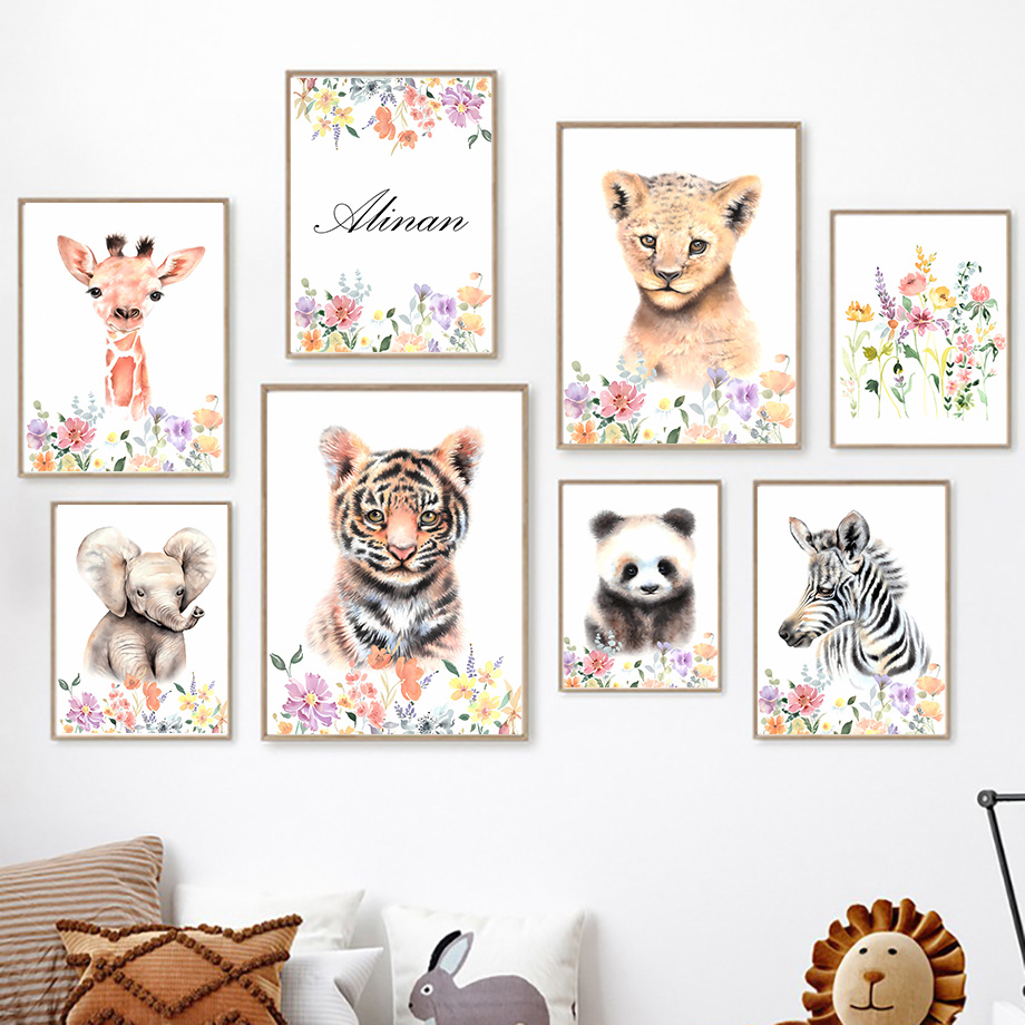 Baby Nursery Name Wall Art - Custom Name Tiger Panda Elephant Giraffe