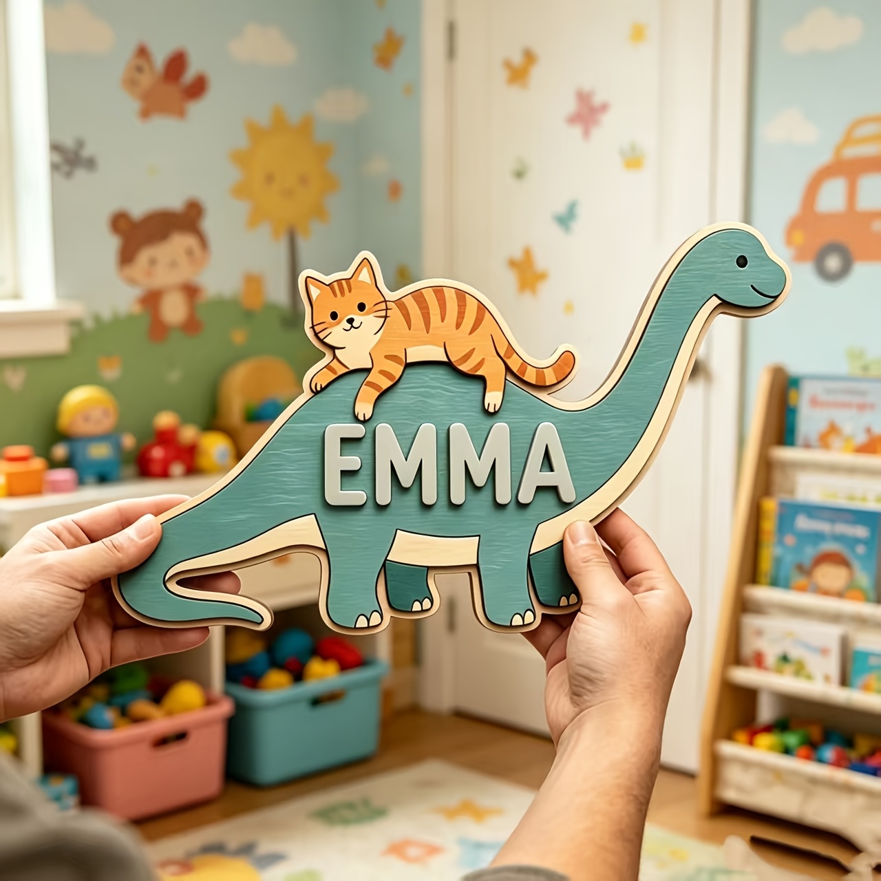 Personalized Cat Riding Dinosa - Baby Nursery Room 评论和价格
