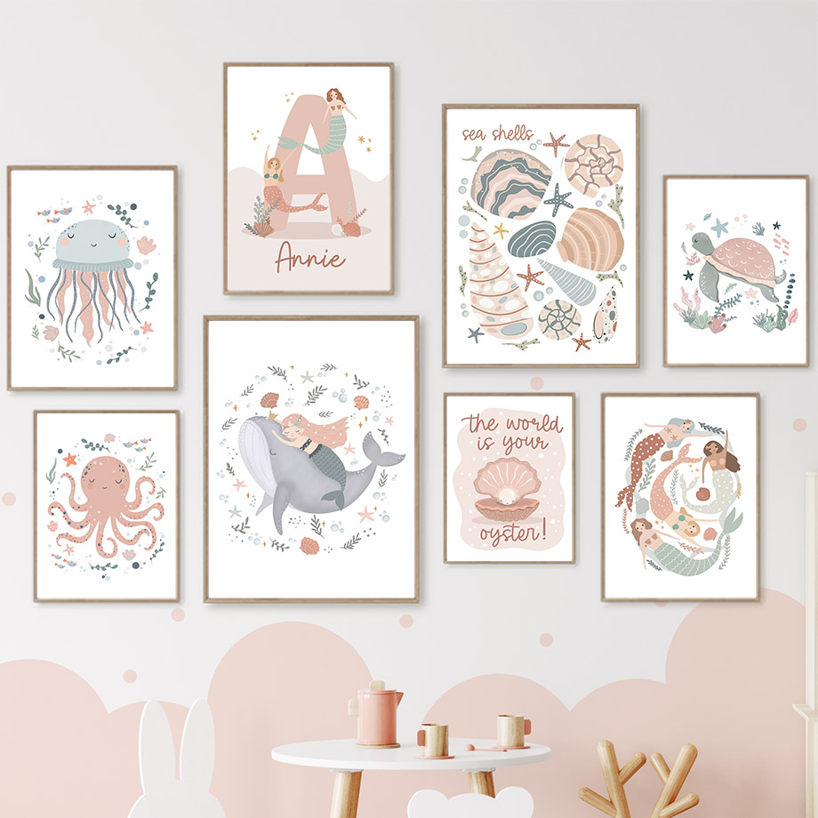 Cartoon Sea Animals Whale Merm - Baby Nursery Name Wall Art 评论和价格