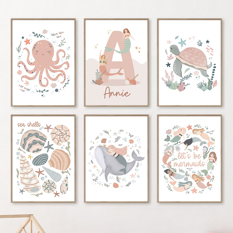 Cartoon Sea Animals Whale Merm - Baby Nursery Name Wall Art 评论和价格