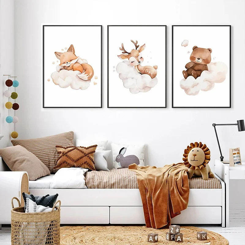 Cartoon Cloud Animal Canvas Pa - Baby Nursery Picture Frames 评论和价格