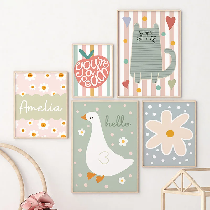 Cartoon Cat Duck Bird Apple Cu - Baby Nursery Name Wall Art 评论和价格