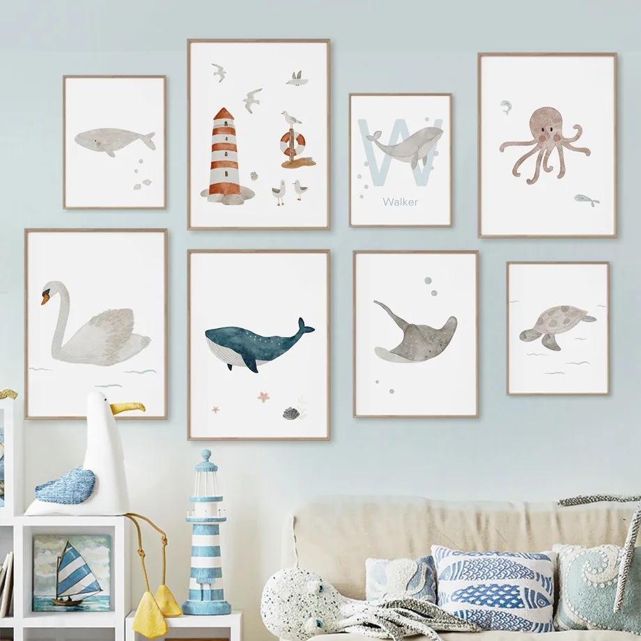 Custom Name Whale Octopus Turt - Baby Nursery Name Wall Art 评论和价格